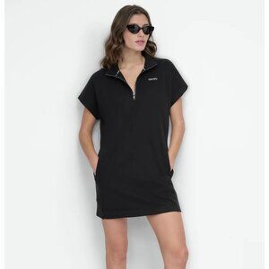 DKNY Logo 1/4-zip-front S/S cotton-mix knit dress sporty Athleisure XL comfy